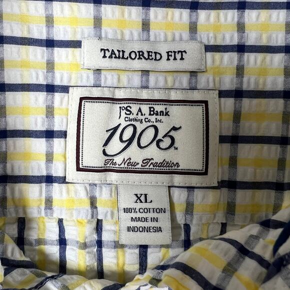 Jos A Bank 1905 Mens Tailored Fit Shirt XL Check Cotton Short Sleeve Blue Yellow - Picture 10 of 12